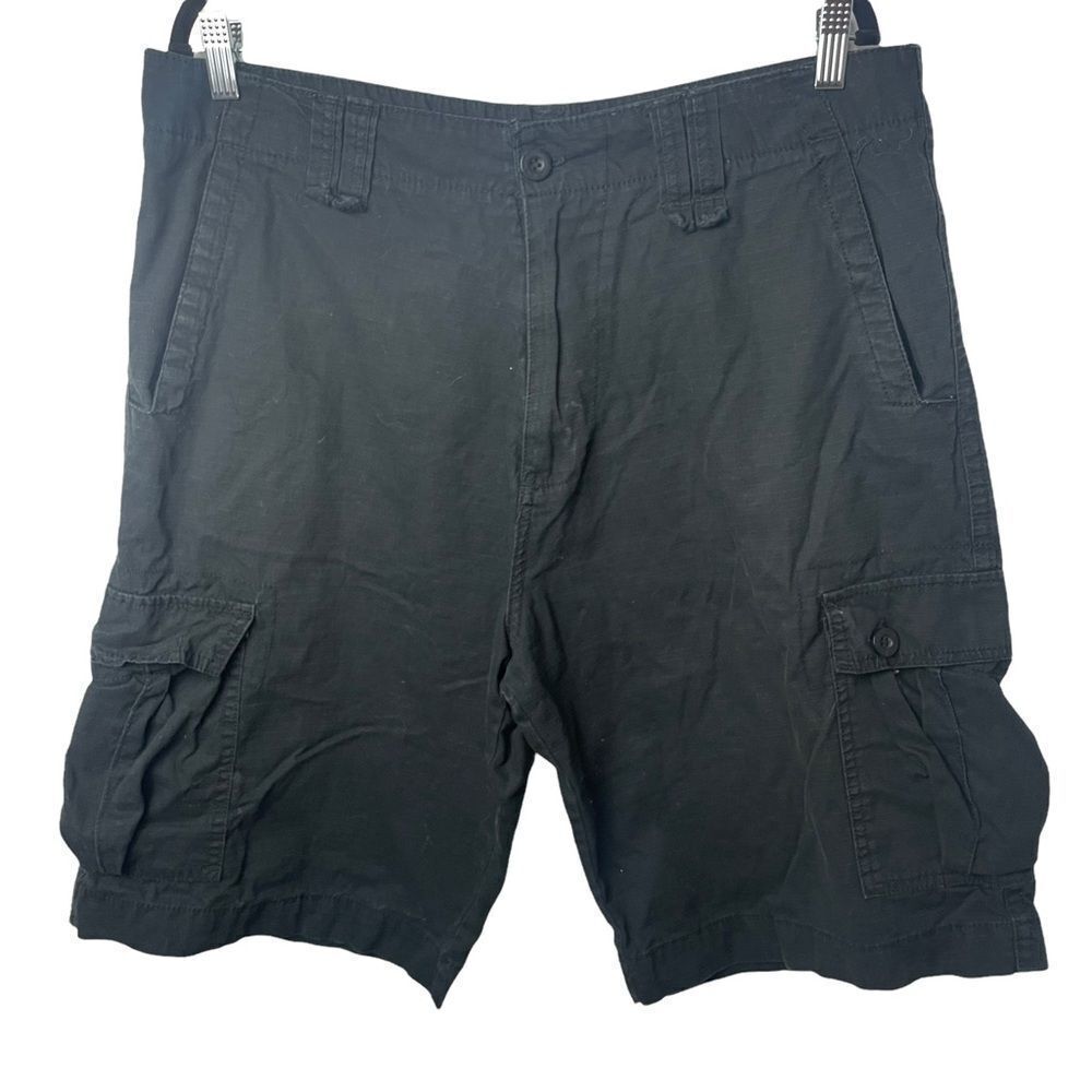 Burnside Solid Black Cargo Shorts 100% Cotton Size 36 multiple pockets zipper